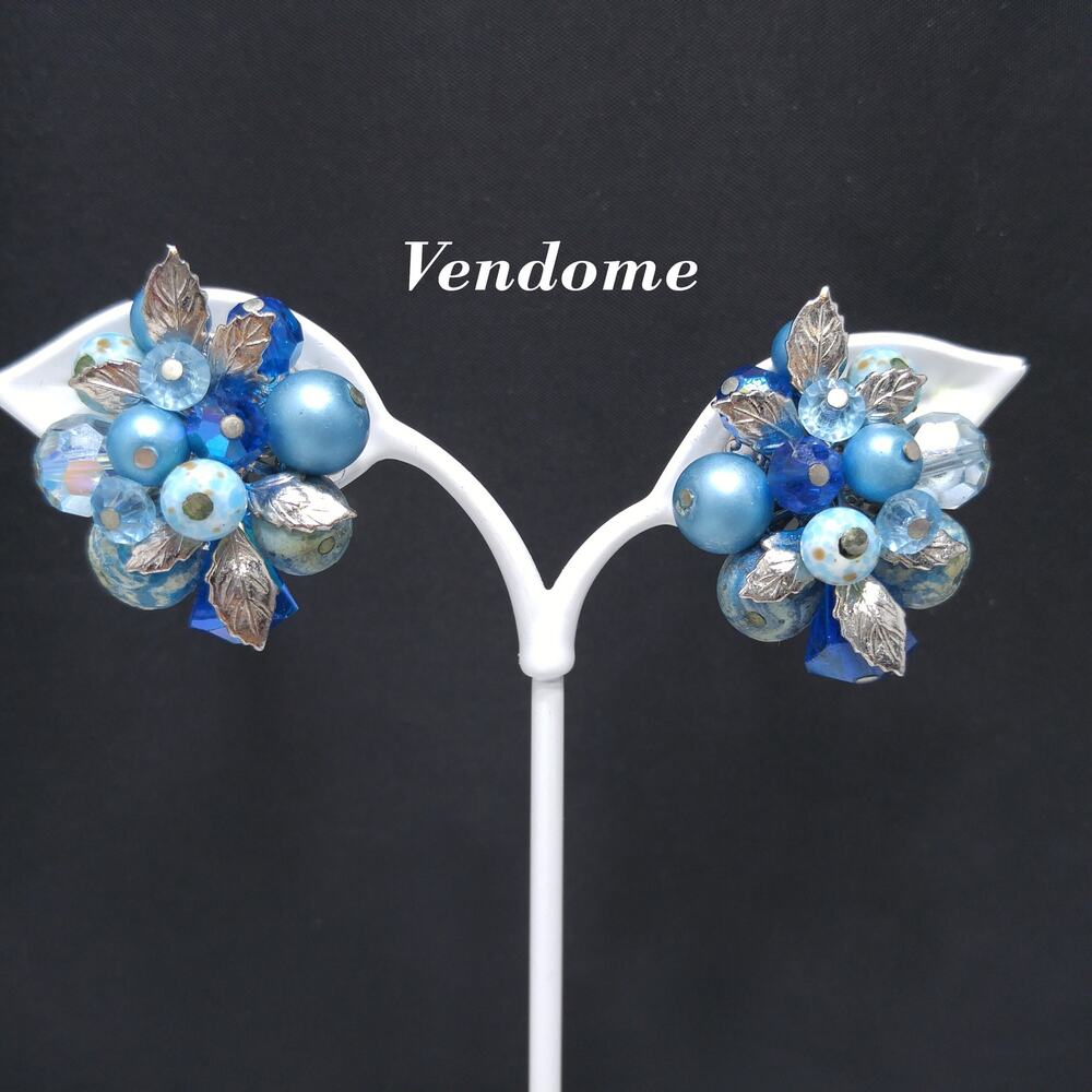 Vendome Blue Beaded Clip Earrings, Aurora Borealis, Silver Leaves, 1960s Vintage